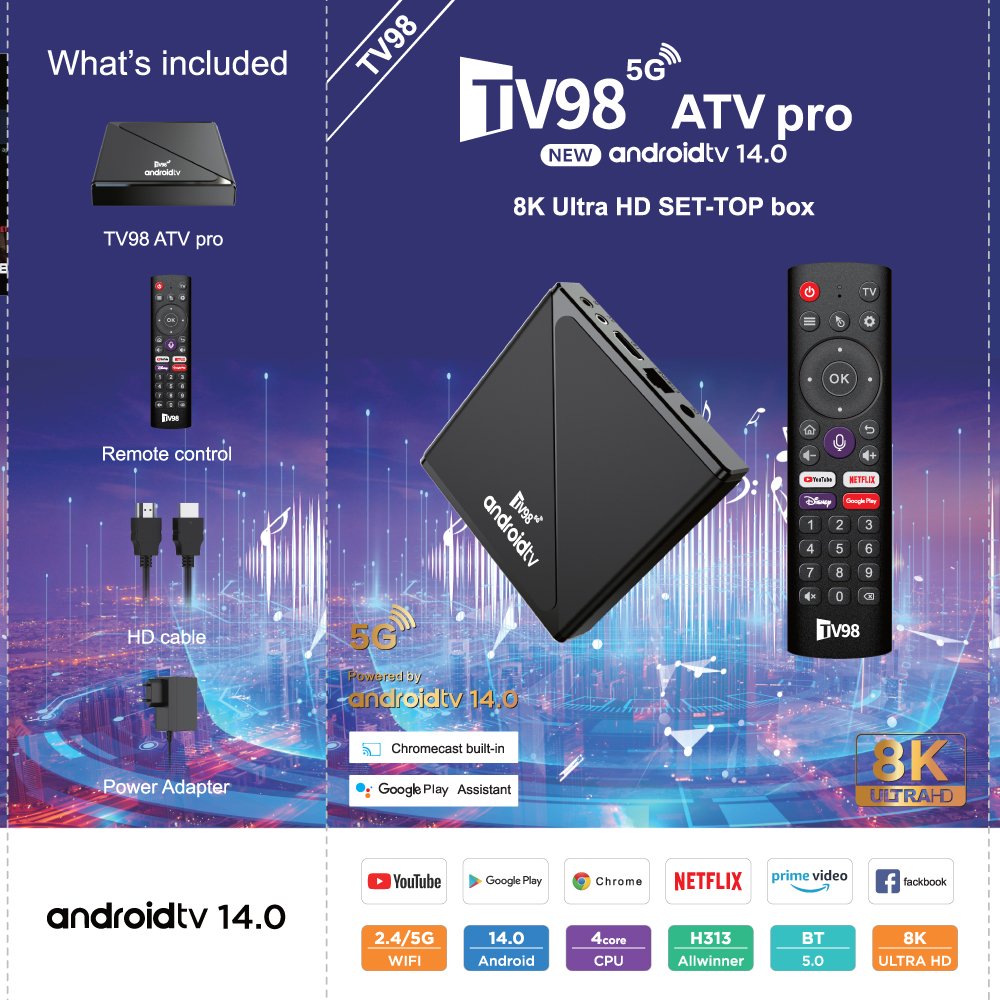 TV98 ATV PRO New set-top box 8k digital remote control Android14 Internet TV box Voice TV BOX