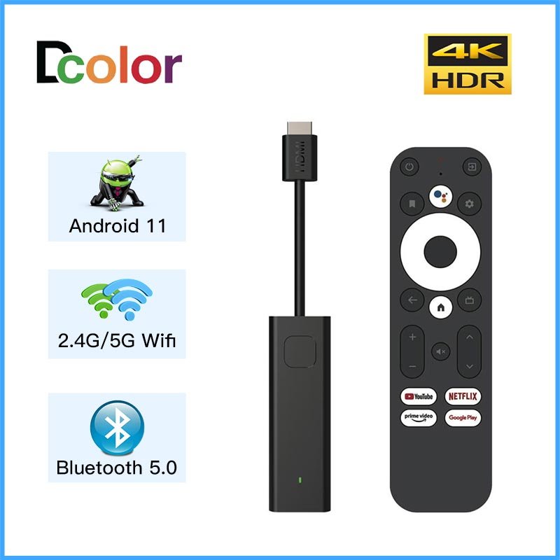 New Android TV Set Top Box DCOLOR 4K Google Verified ATV Stick Amlogic S905Y4 CPU BT5.0 2G 16G Memory TV Stick