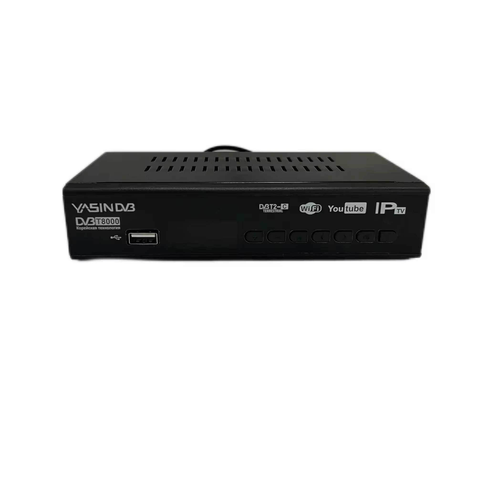 Production factory DVB-T2 TV box. Full HD IPTV receiver and decoder. Smart multifunctional set-top box supporting YouTube