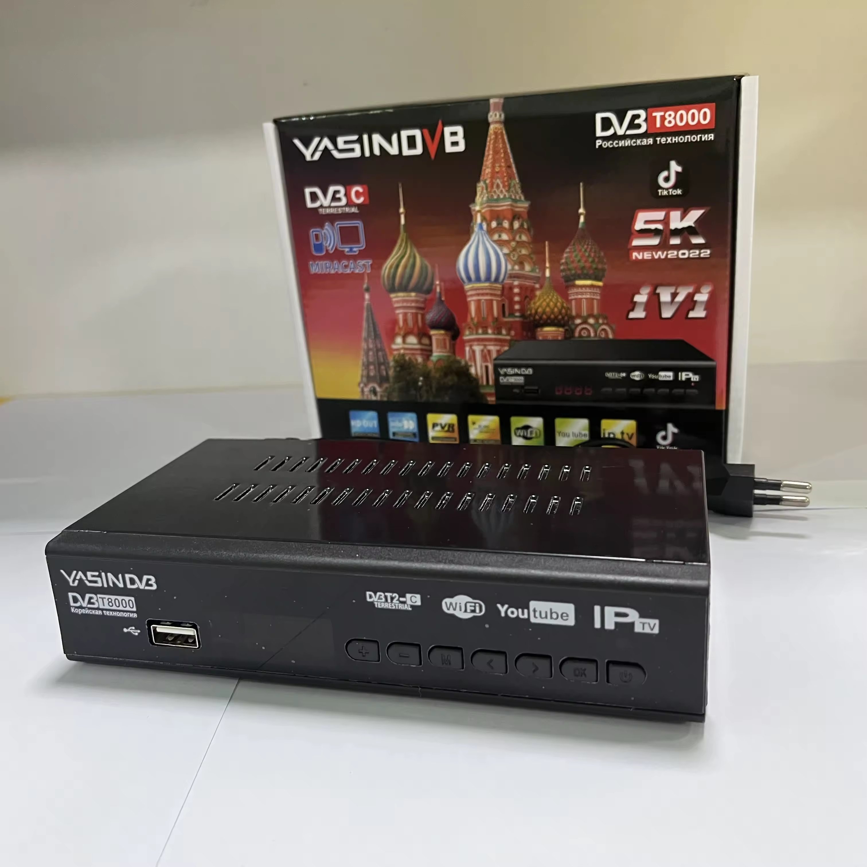 Production factory DVB-T2 TV box. Full HD IPTV receiver and decoder. Smart multifunctional set-top box supporting YouTube