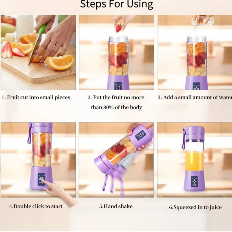 Portable Fruit Juicer 380ml Cup Ice Smoothie 6 Blade Mini Home USB Rechargeable Portable Blender