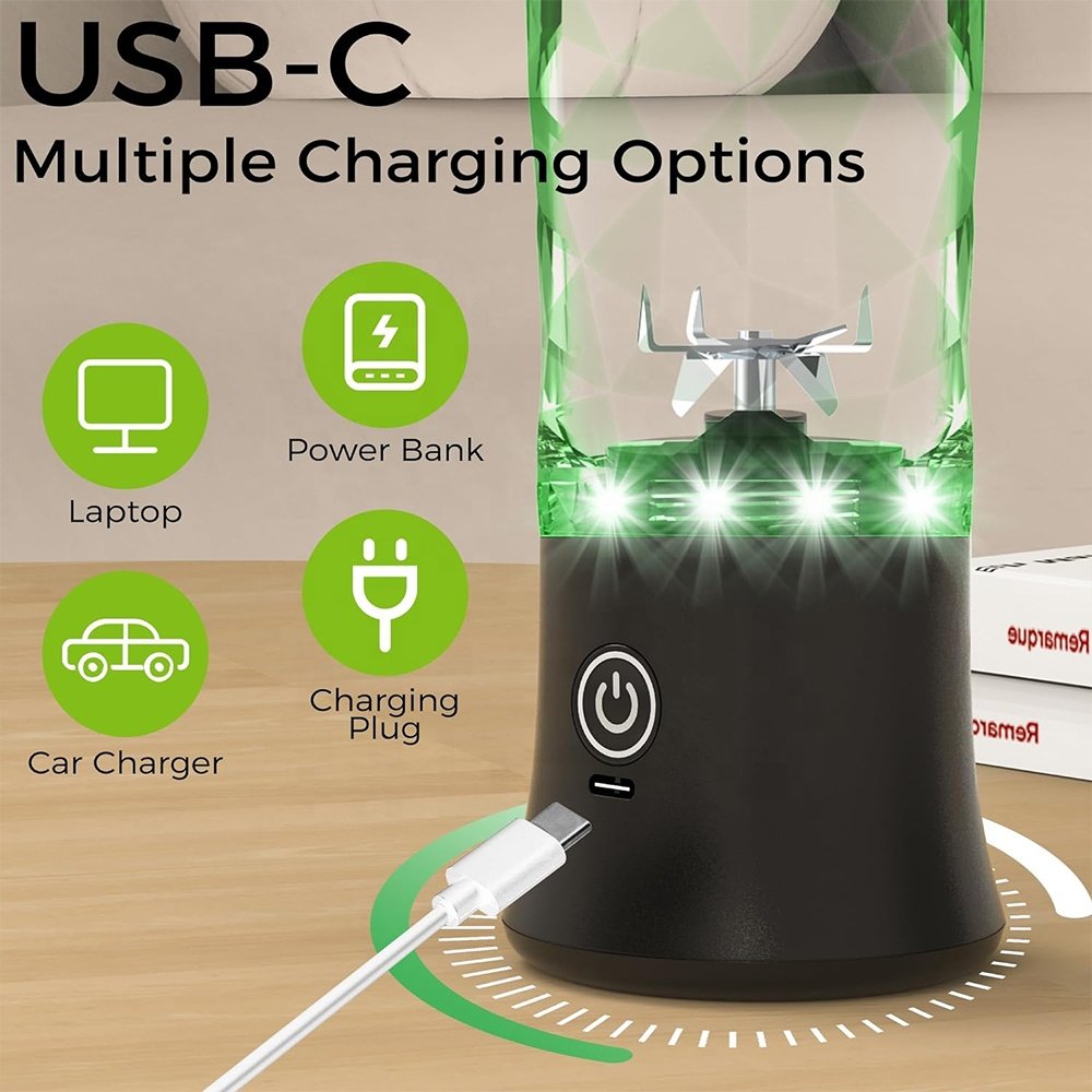 Portable Blender 6 Blades ABS Housing Stainless Mixing USB/Battery Shakes Smoothies Milk Outdoor Hotel Use Push Button Heating