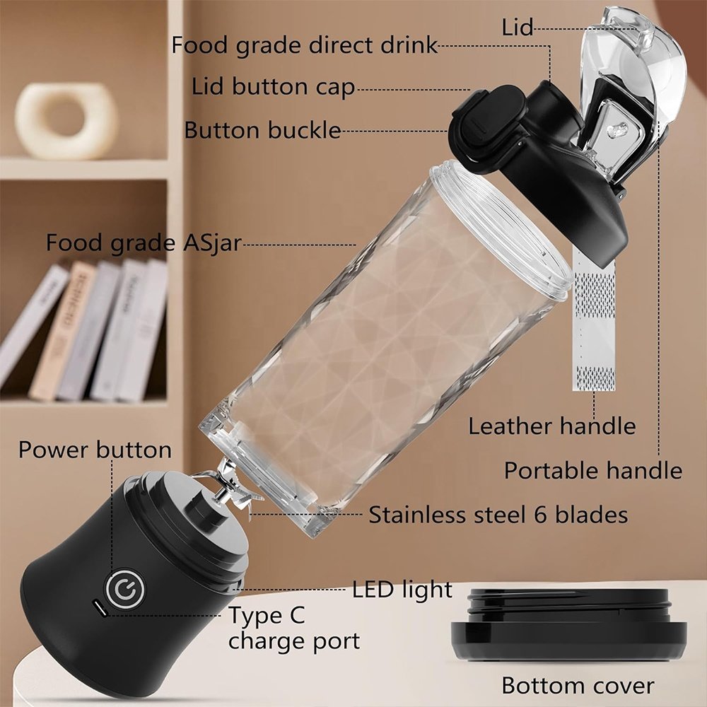 Portable Blender 6 Blades ABS Housing Stainless Mixing USB/Battery Shakes Smoothies Milk Outdoor Hotel Use Push Button Heating