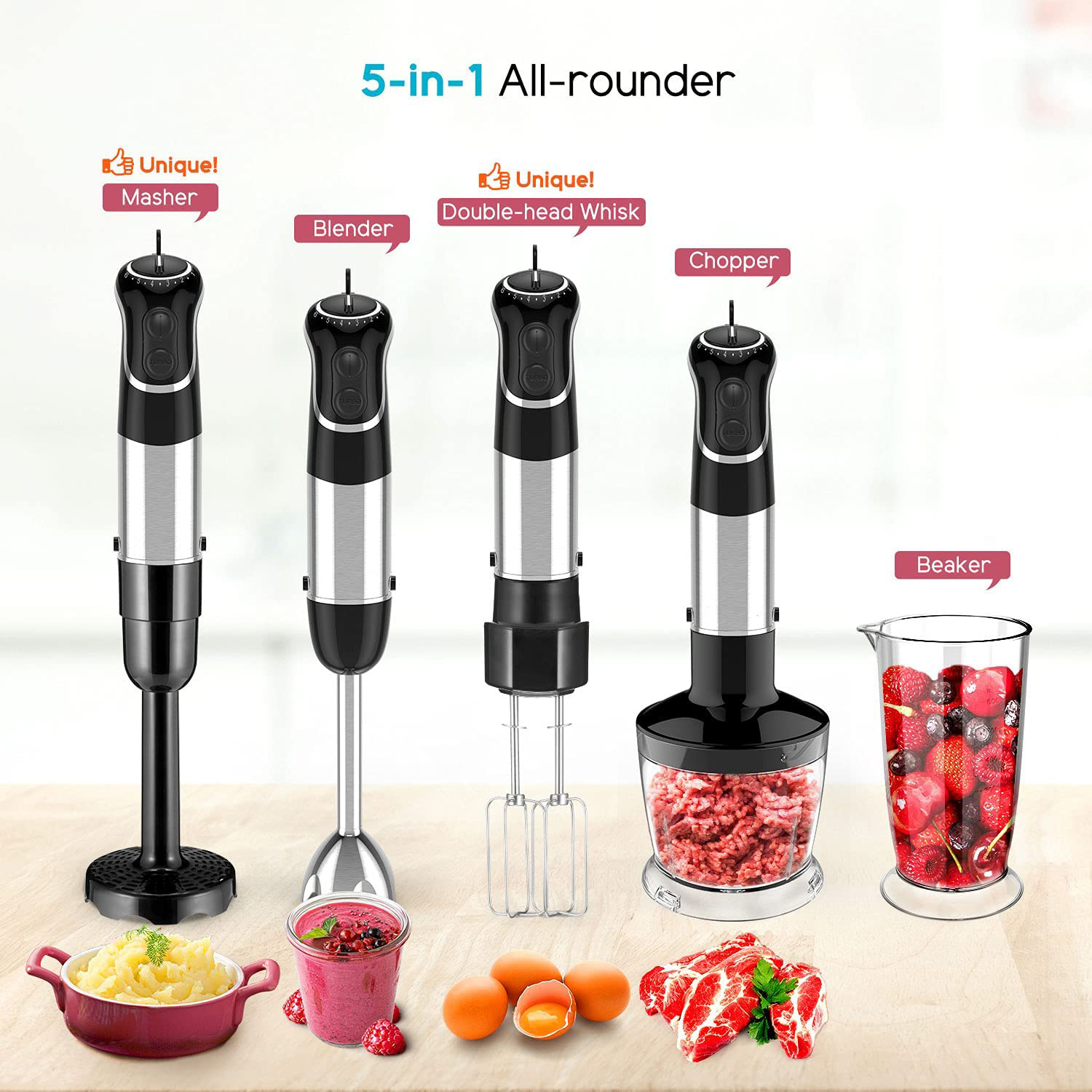 Wholesale high quality 5 in 1 stainless steel kitchen immersion hand blender