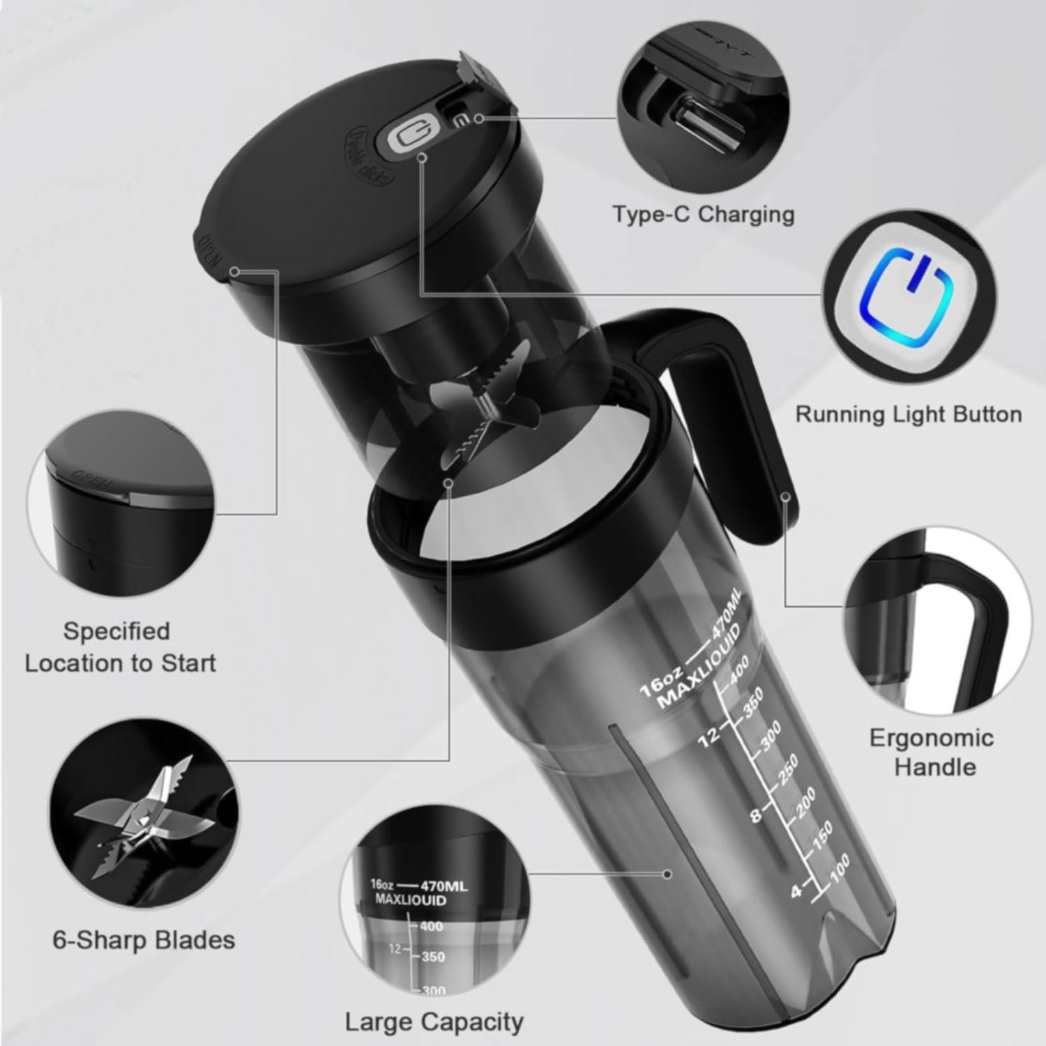 Top Quality Portable Blender Cup Bottle Usb Rechargeable 460ml 6 Blades Fruit Mixer Hand Juicer Blender For Outdoor Sport Travel