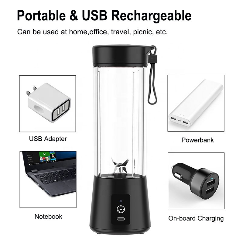 Stainless Steel Wireless Push Button Car Outdoor Portable 400ml Personal Blender 6 Blades Mini USB/Battery-Powered Juicer