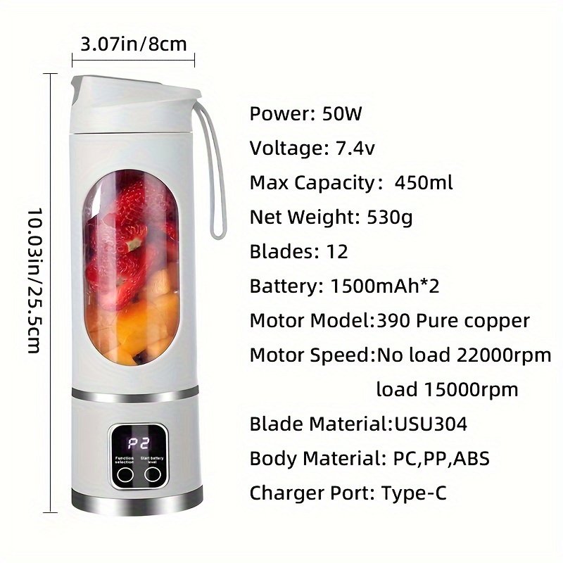 Quality Portable Usb Rechargeable Juicer Mini Blender Ice Crusher Digital Display 12 Blades Juice Mixer Suitable For Travel