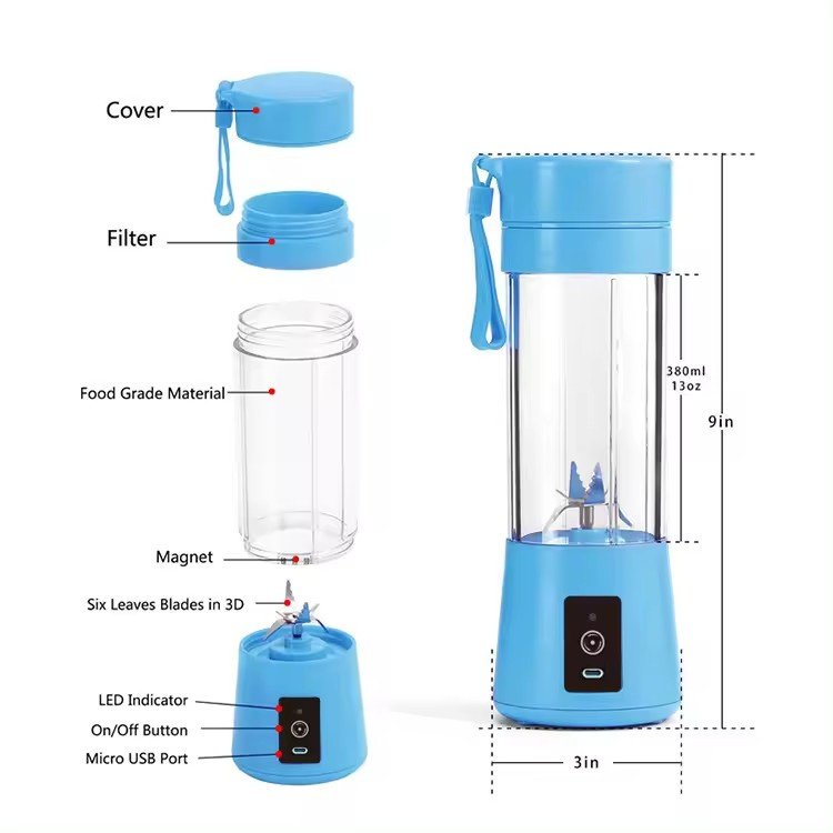 Blades Portable Blender Mini Blender Juicer Cup Wholesale Usb Rechargeable 380ml Six Battery 30 Plastic Ho Stainless Steel 3.7