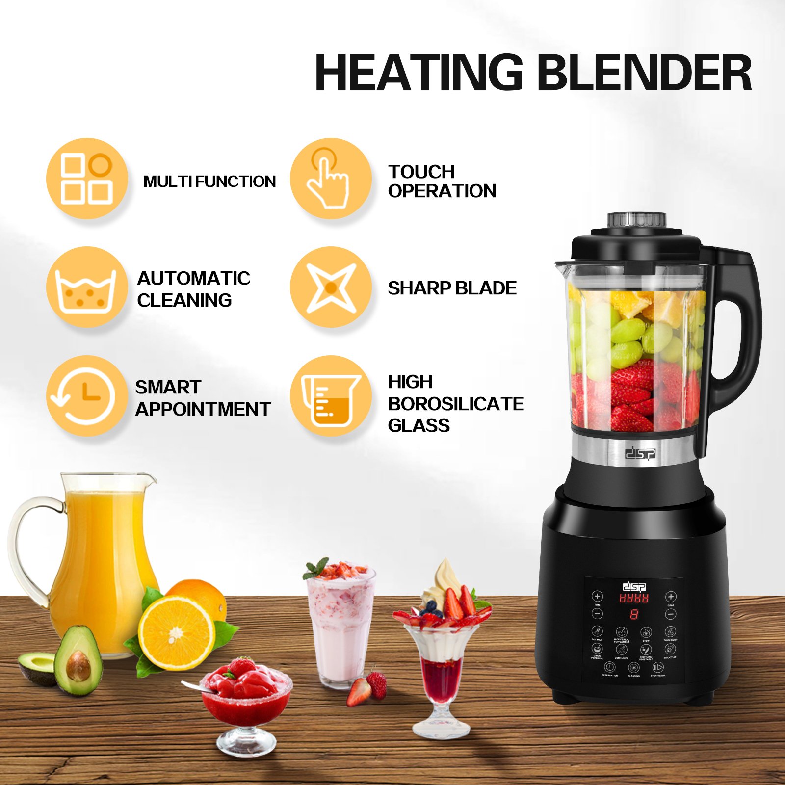 DSP Professional Ice Crusher Commercial Smoothies Heating Citrus Juicer Blend Low Noise Maker Cooking Drinking Electric Blender