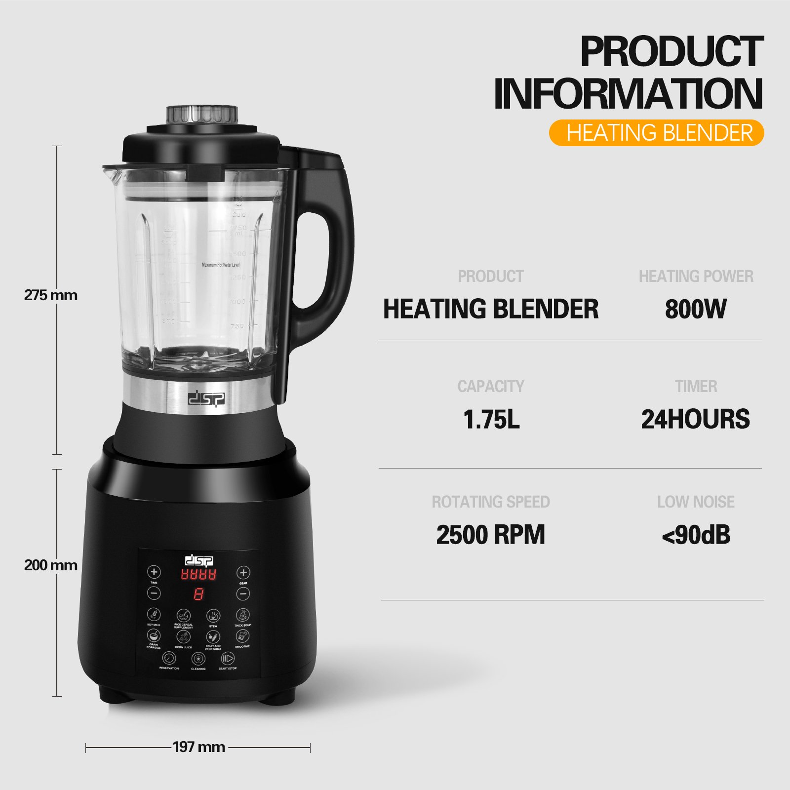 DSP Professional Ice Crusher Commercial Smoothies Heating Citrus Juicer Blend Low Noise Maker Cooking Drinking Electric Blender