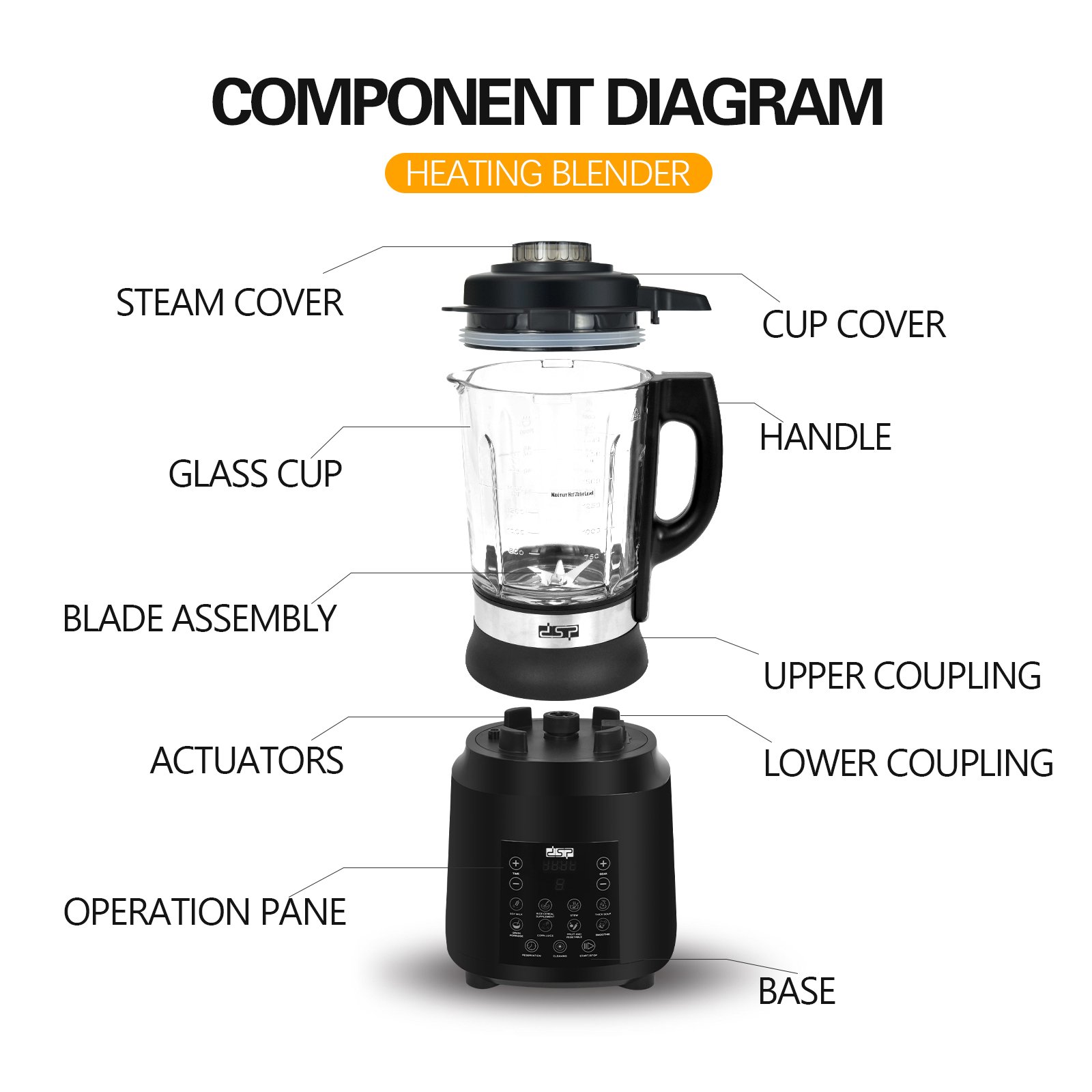 DSP Professional Ice Crusher Commercial Smoothies Heating Citrus Juicer Blend Low Noise Maker Cooking Drinking Electric Blender