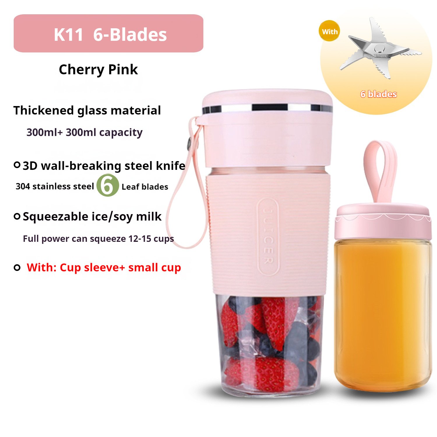 10OZ rechargeable mini Glass electric Portable Blender 4-6 Blades on-the-go personal Blender for Shakes & Smoothies with straw