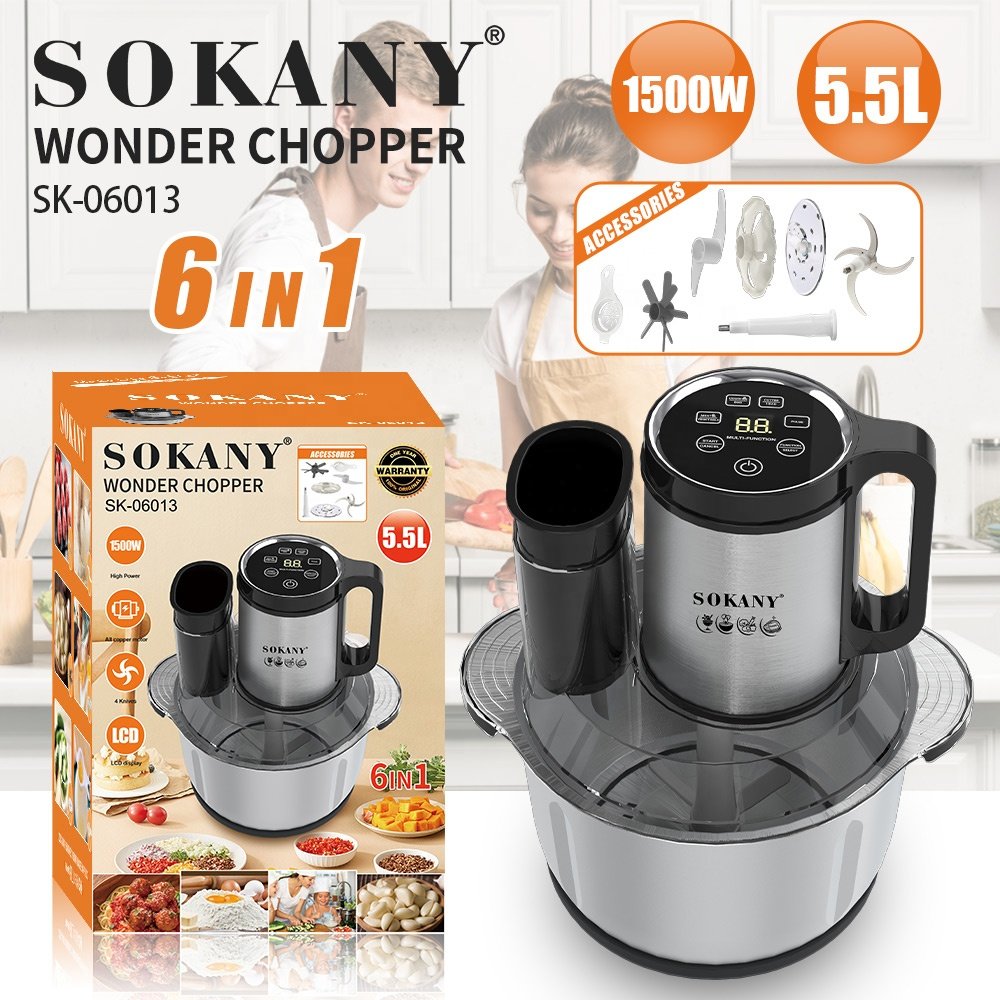 sokany 6 in 1 food Machine LCD 5.5L Meat Chopper Fufu Pounding Blender Portable Multifunction Electric Meat Grinder
