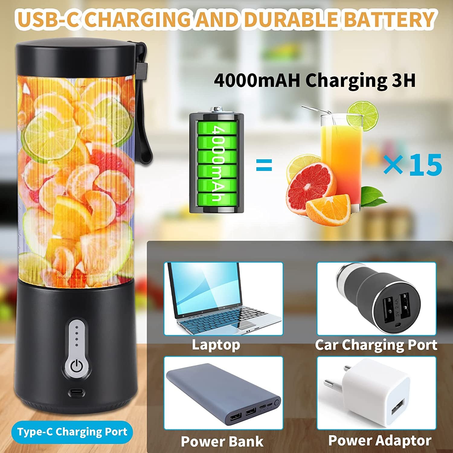 6 Blades Stainless Steel Kitchen Blender BPA Free USB Rechargeable Electric Blender Mixeur for Outdoor