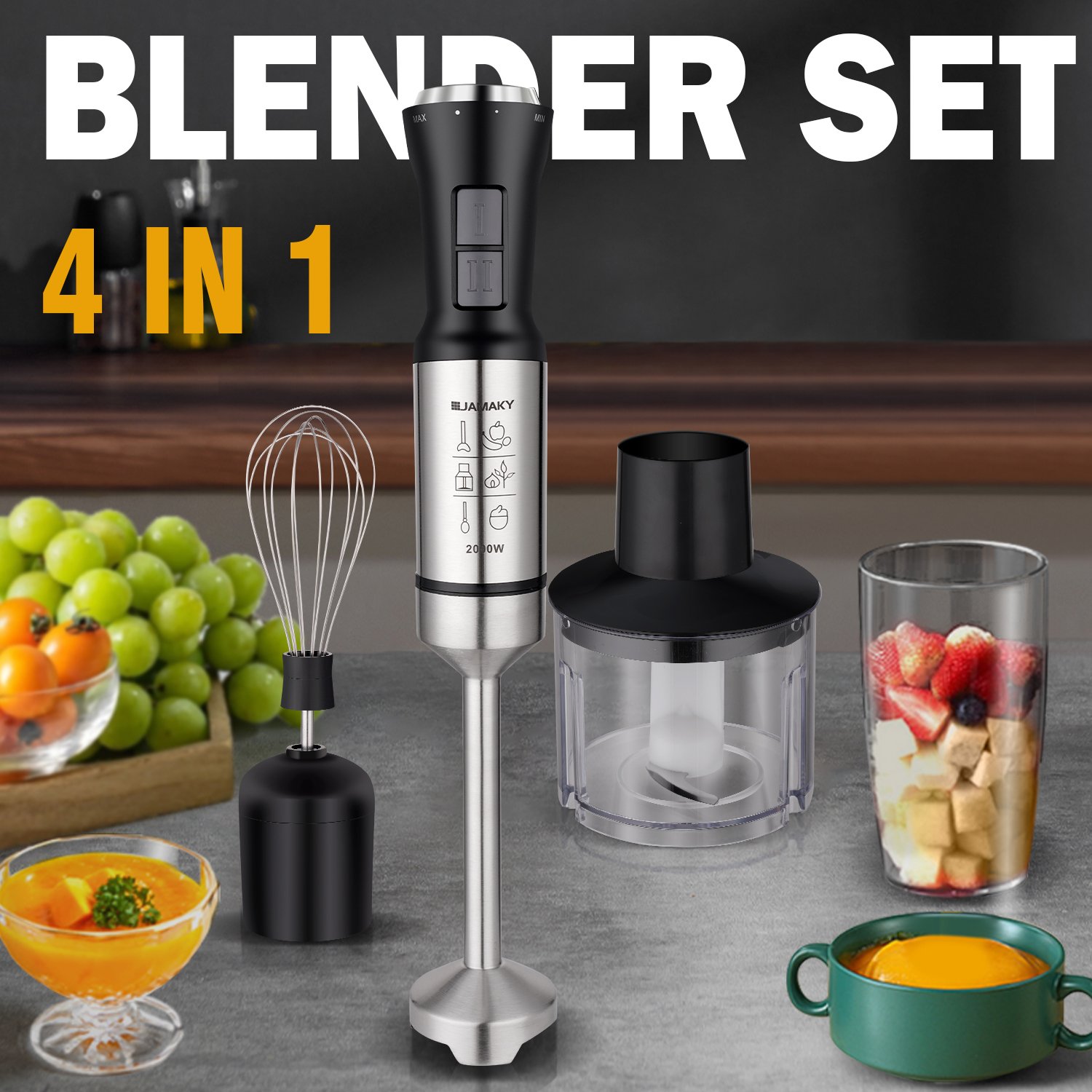 JAMAKY hot sale OEM professional Electric Food Mixer Machine Hand Held Blender for Kitchen Multi Speed 2000W 4 in 1 Blender Set