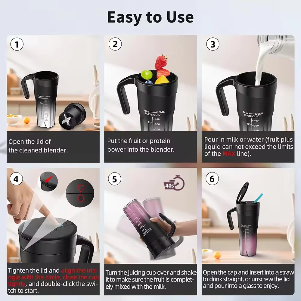 Top Quality Portable Blender Cup Bottle Mini Hand Juicer Blender Smoothie Usb Rechargeable 470ml 6 Blades Fruit Mixer With Straw