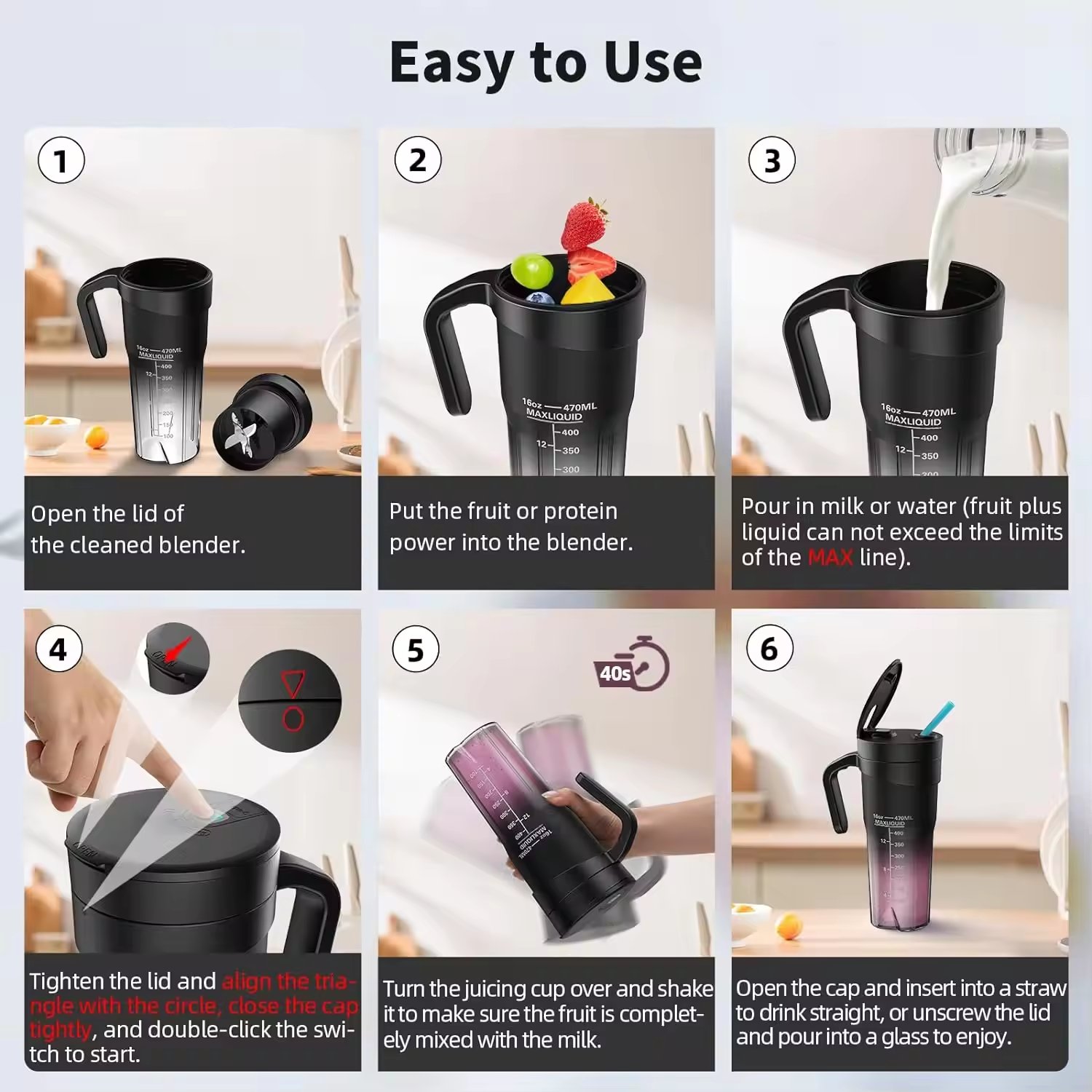16 Oz Rechargeable Portable Blender Shakes and Type-C Personal Blender Mini Smoothie Blender with Ultra Sharp