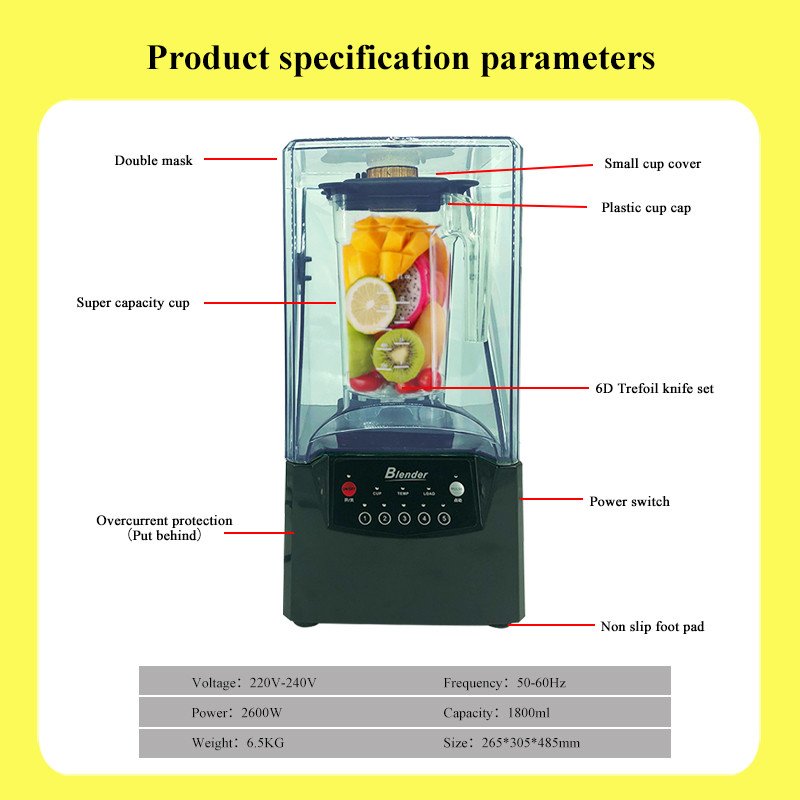 Professional Commercial Blender With Shield Quiet Blender for Shakes and Smoothies, with Low Noise Soundproof