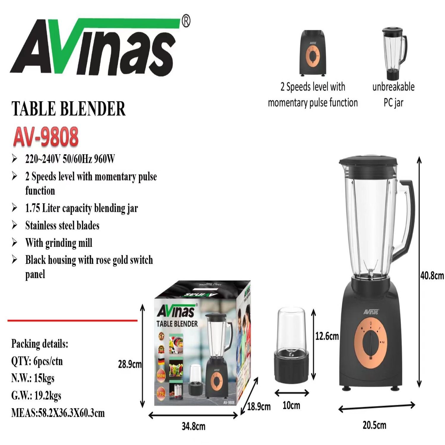 2-in-1 960W Commercial Electric Mixer Blender Heavy-Duty Home Kitchen Machine with Push Button Controls for Fresh Fruit Juice
