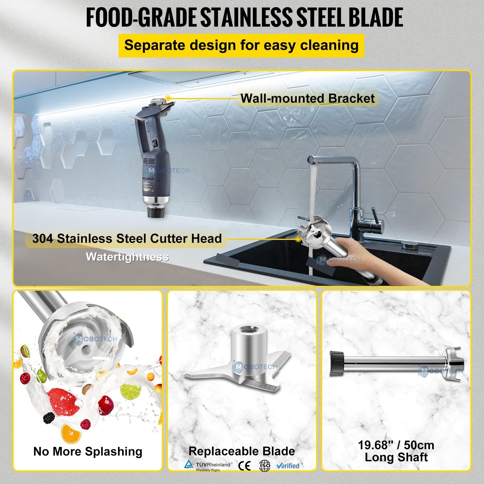 Variable Speed Commercial Immersion Blender 750W Hand Mixer 304 Stainless steel with 19.7" Removable Shaft for Kitchen Mixing