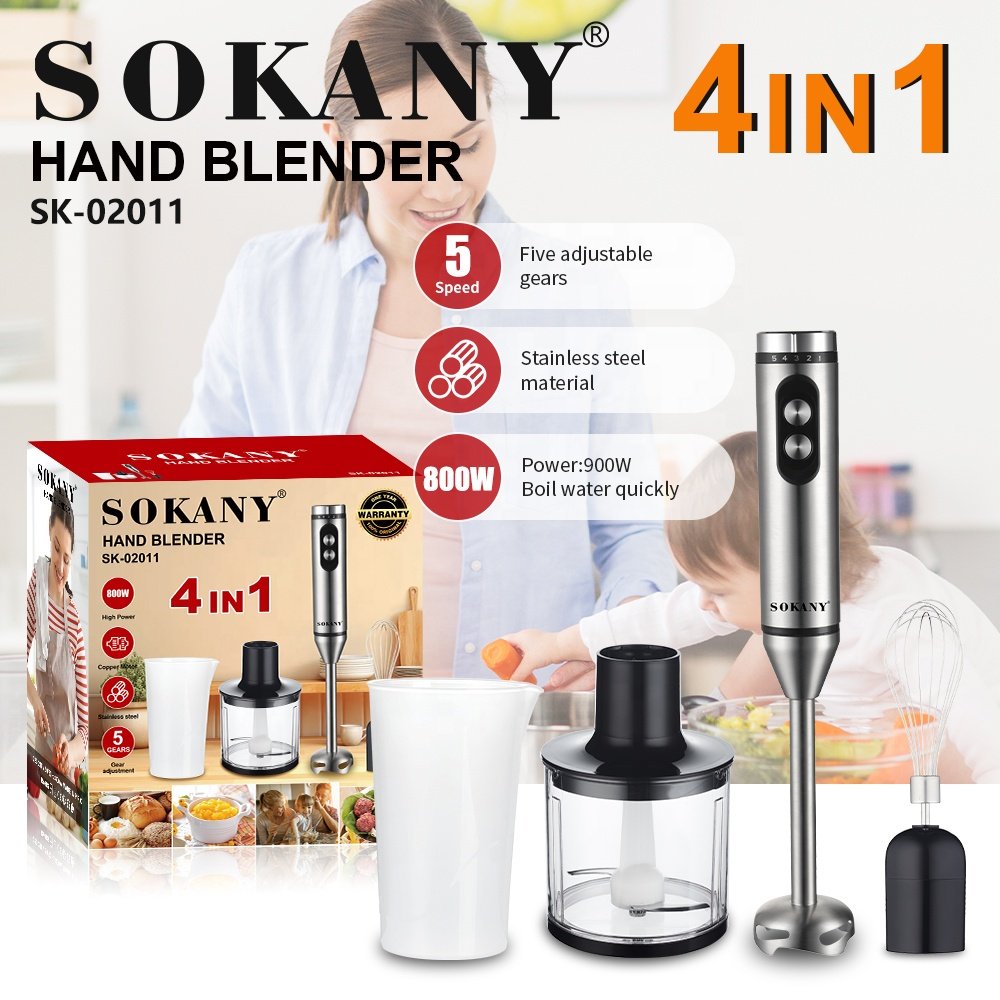 Sokany 600 W 800W 1200w 4 in 1 blue LED light high power electric hand stick blender Meat grinder