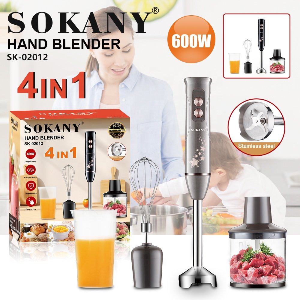 Sokany 600 W 800W 1200w 4 in 1 blue LED light high power electric hand stick blender Meat grinder