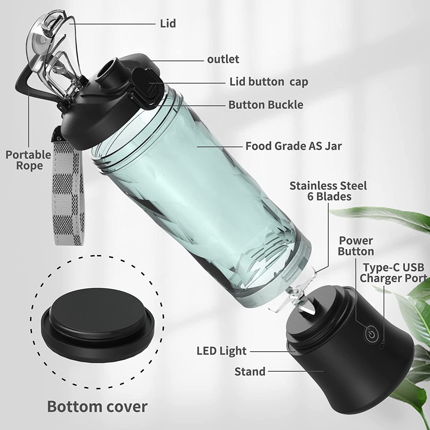 20oz Portable Blender Travel Juice Cup,Smoothies and Shakes Blender, Baby Food Crush Ice Frozen Mixing with 6 Blades
