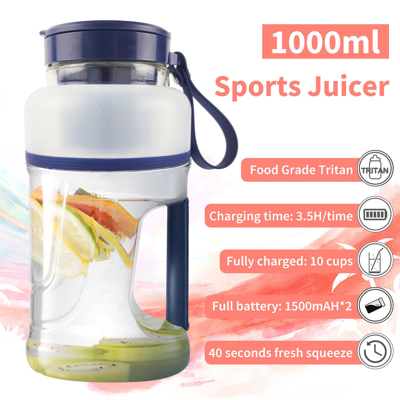 Electric Portable Juicer With Large Capacity 1000ml Juicer Outdoor Sports Cup Fresh Fruit Blender Citrus Lemon Juice Cup