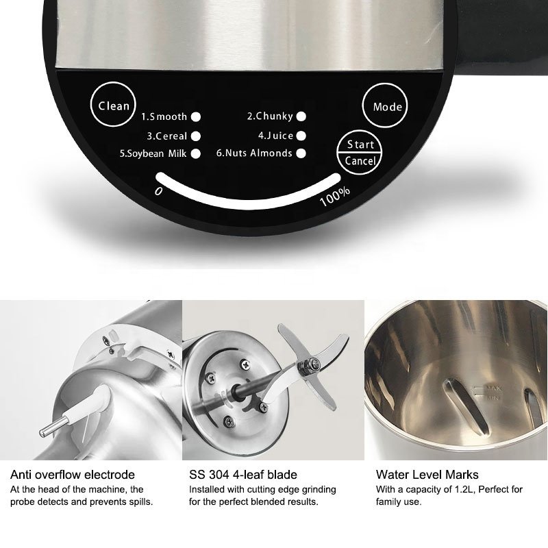 Wholesale Soya Nut Almonds Milk Machine and Soup Maker 1.2L Multifunctional Food Processor Electric Stainless Steel Blender