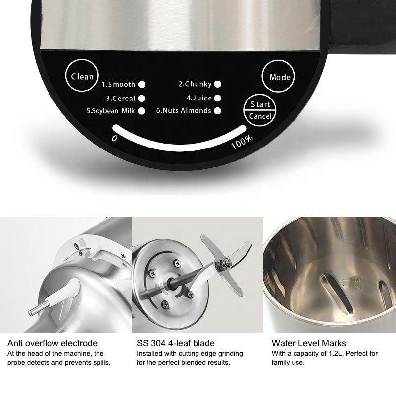 Auto Almond plant milk maker stainless steel multifunctional soup maker 1.2L Electric nuts milk maker Hot & Cold Food Blender
