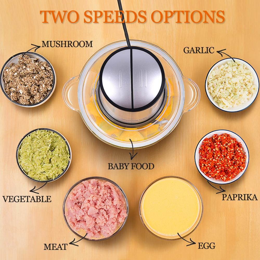 4 Sharp Blades 2L BPA-Free Glass Bowl Blender Grinder Food Chopper for Meat and Vegetables