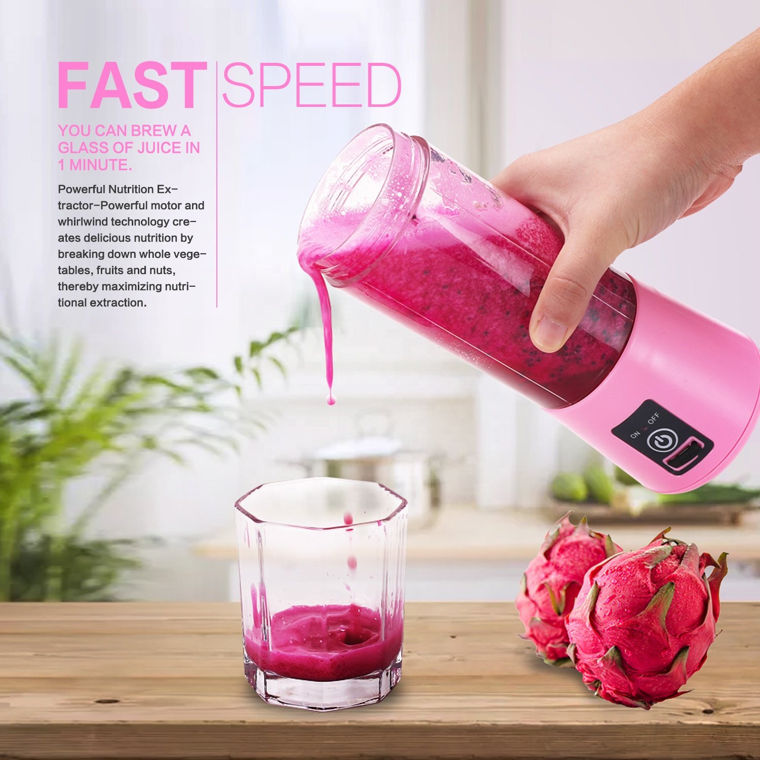 Newly Design household Portable Juicer Blender Household Fruit Mixer- Six Blades in 3D 380ml USB Juicer Cup