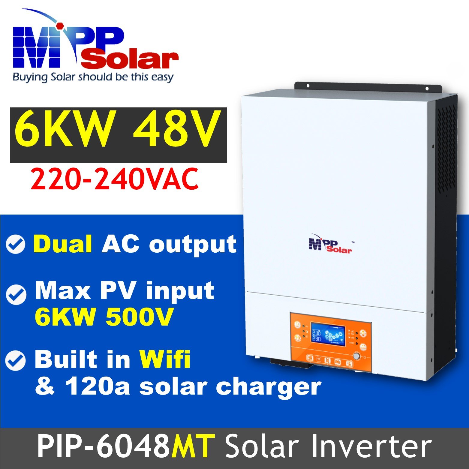 PIP6048MT 6000w 48v 230v MPP Solar solar inverter High PV input 500v WiFi 120A MPPT charger Batteryeless pure sine wave off grid