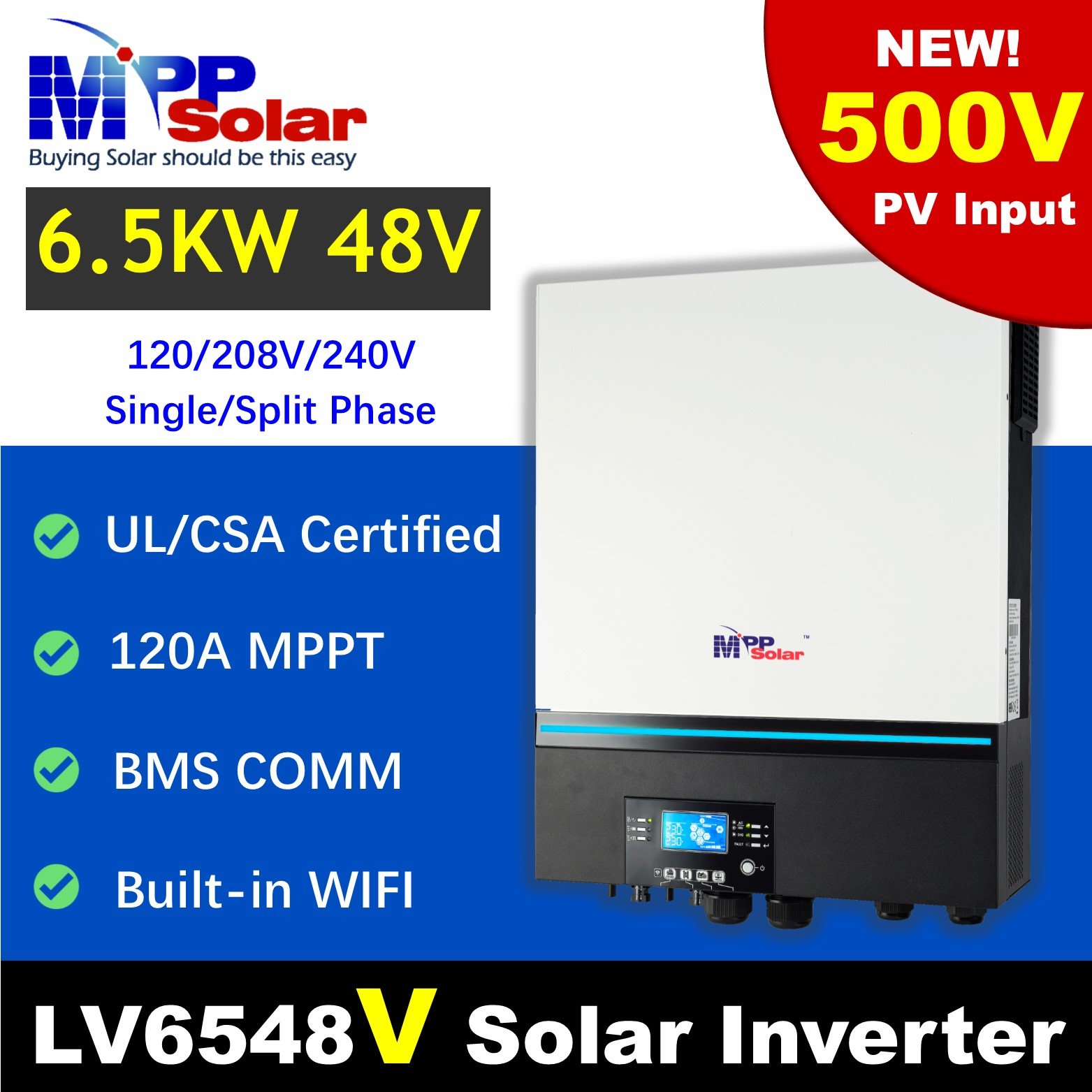 LV6548V 6500w 110v 48v MPP Solar inverter PV input 500v UL 1741 WiFi dual 120A MPPT charger solar inverter with lithium battery