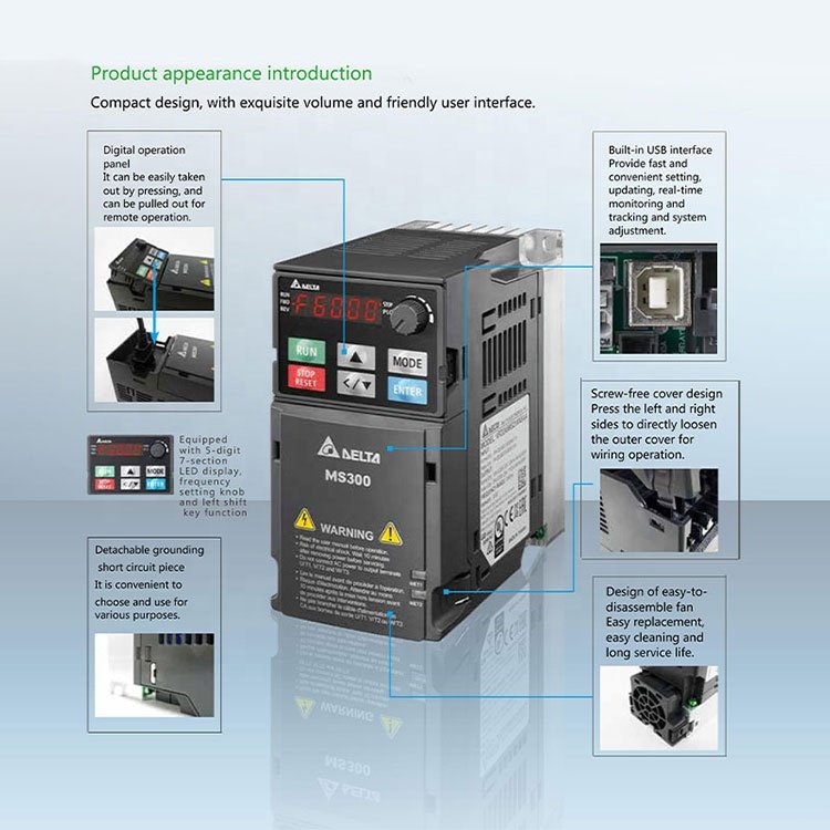 New and Original Delta Vfd-el Series Inverter Drive 150v 230v 460v 0.2kw-22kw Vfd MS300/MH300