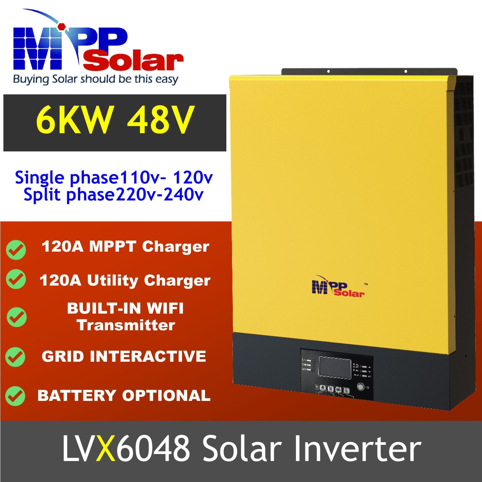 LVX6048 6000w 48v 120v 240v MPP Solar inverter split phase WiFi MPPT solar charger 120A Max PV input 450v battery optional
