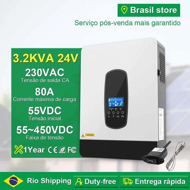 3.2KVA 24VDC Off Grid Hybrid Solar Inverter with 55-450VDC PV Working Voltage and 80A MPPT Charge Controller
