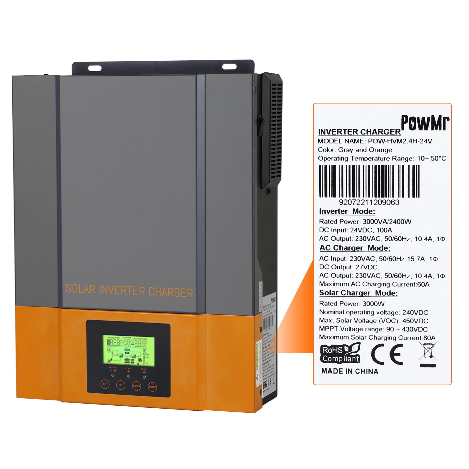 PowMr 2.4KW 24V 220V Built in MPPT 80A Charge Controller Pure Sine Wave Hybrid Solar Inverter