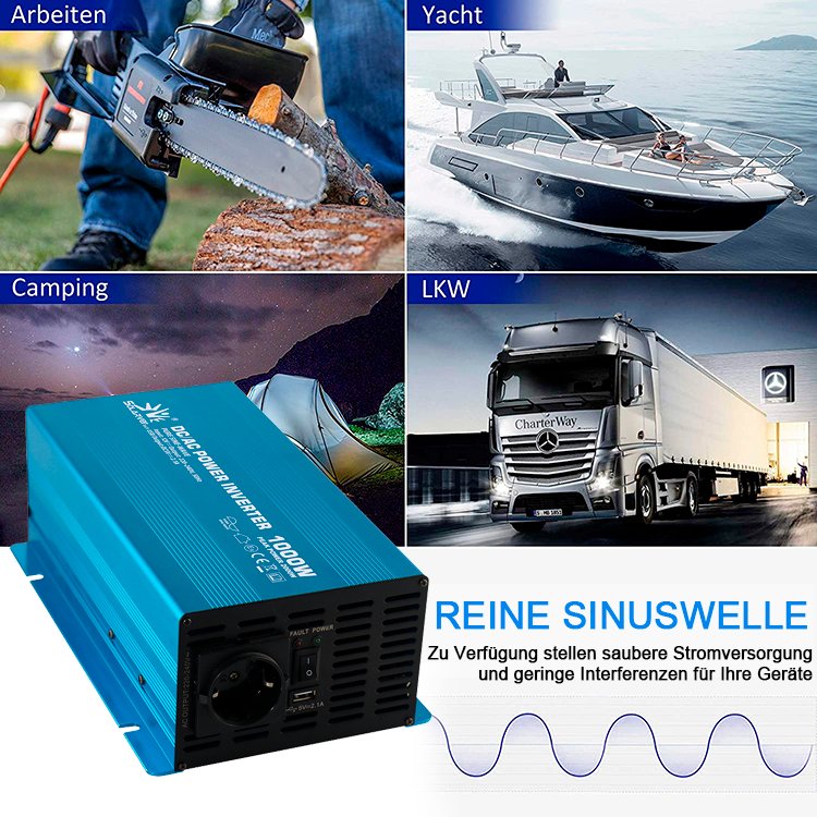 Power inverter 1000W pure sine wave dc 12v/24v to ac off grid solar inverter used RV/yacht/home/outdoor