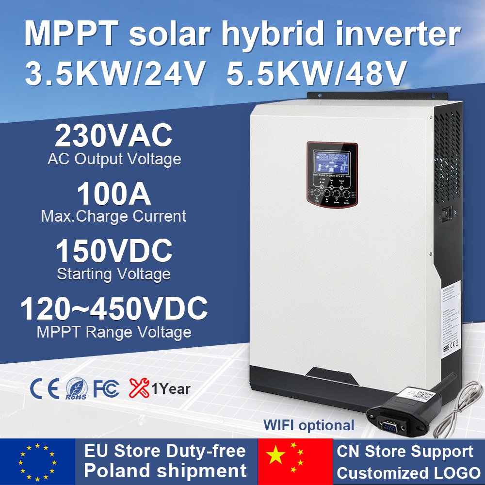 3500W 5500W Hybrid Solar Inverter 24V48V DC Pure Sine Wave with 100A MPPT Solar Charge Controller 220VAC With WIFI Model