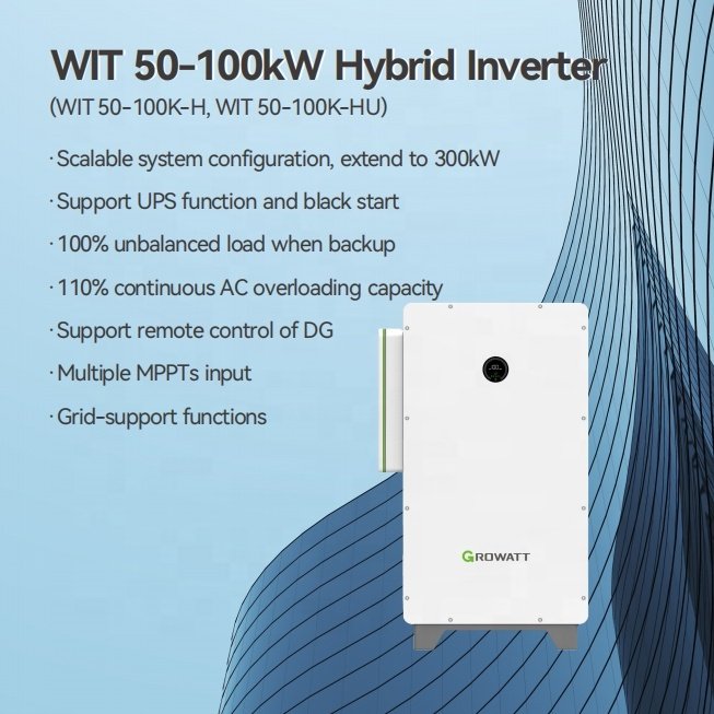 Growatt Hybrid Inverter WIT 50-100K-H/HU 50KW 63KW 75KW 100KW Solar Power Inverters with High Voltage 400V for Commercial Use