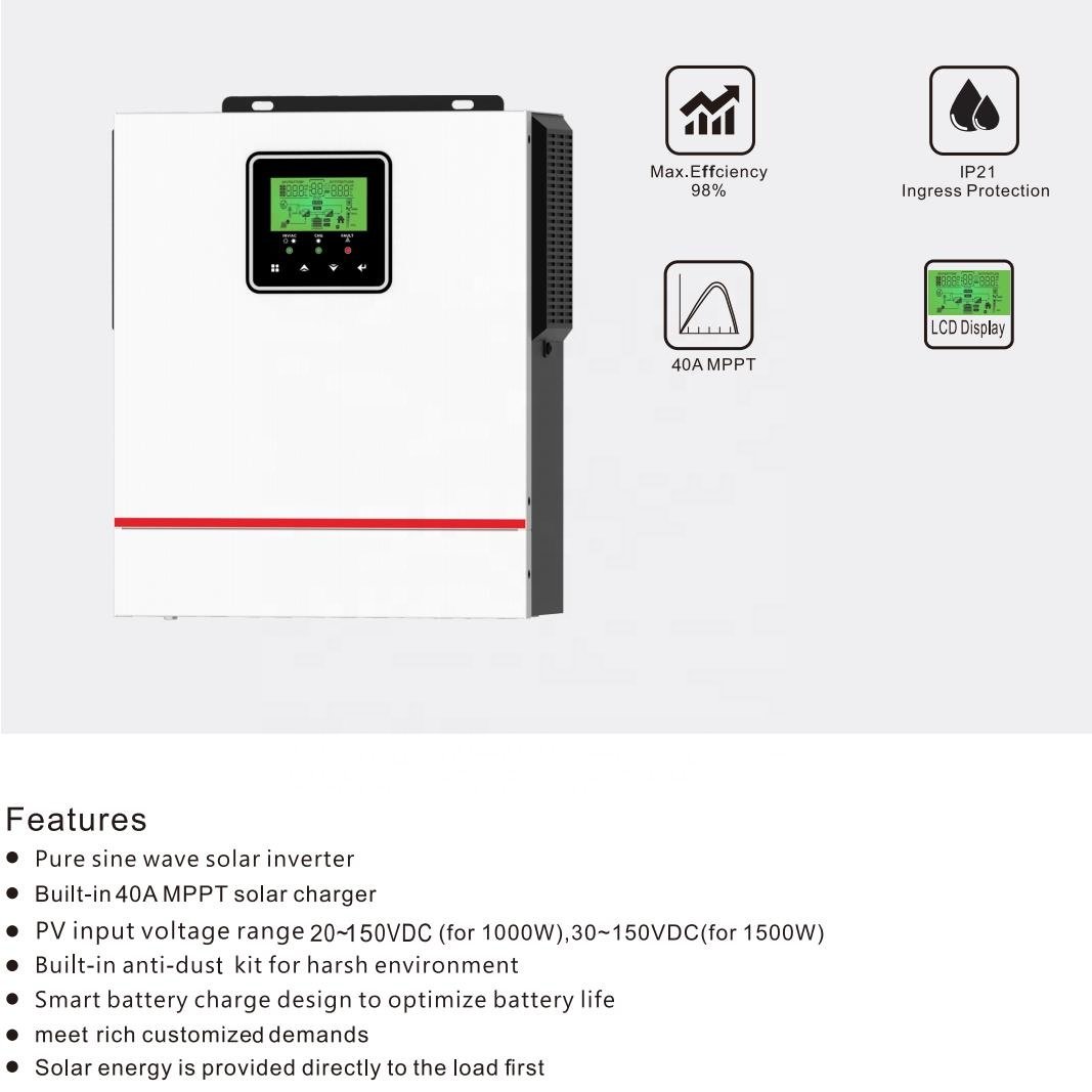 1000w 1500w Off Grid Inverter Built In Anti Dust Kit Solar Hybrid Inverter with 40A MPPT Controller