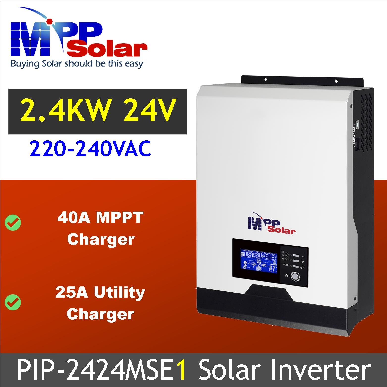 PIP2424MSE1 2400w 24v 230v MPP Solar pure sine wave off grid solar inverter MPPT Solar charger 40A Battery charger 25A