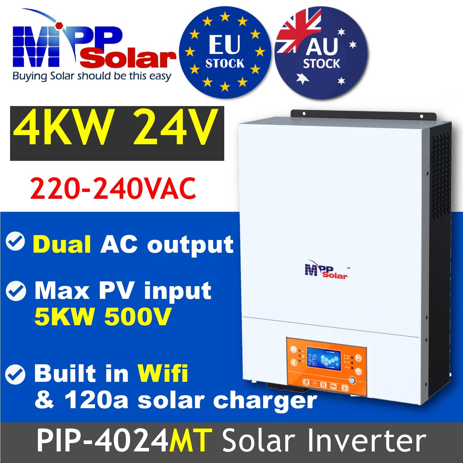 PIP4024MT 4000w 24v Mppsolar solar inverter WiFi 120A MPPT charger High PV input 500v off grid pure sine wave