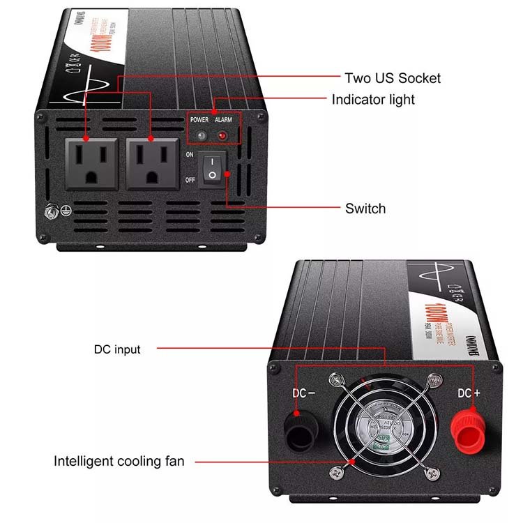 High Efficiency DC 12V 24V to AC 220V 240V Solar 1000W Pure Sine Wave Power Inverter