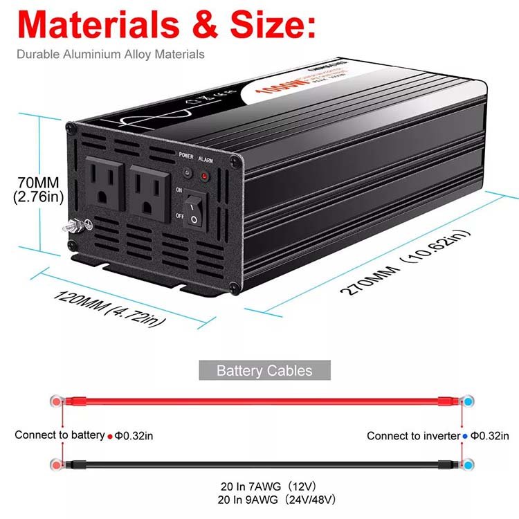 High Efficiency DC 12V 24V to AC 220V 240V Solar 1000W Pure Sine Wave Power Inverter
