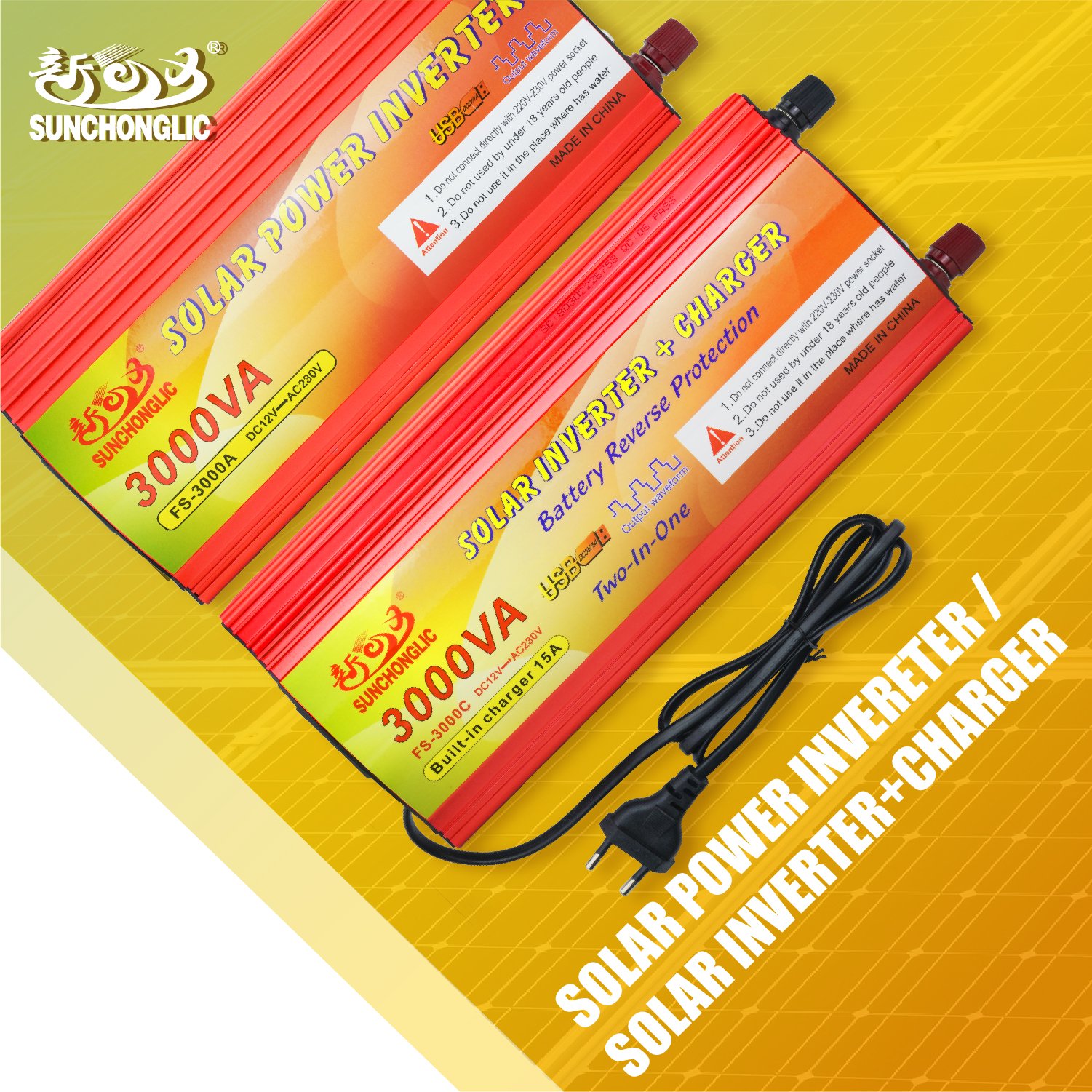Sunchonglic inverters 12V to 220V 3000W 3000va modified sine solar power inverter with 15A battery charger
