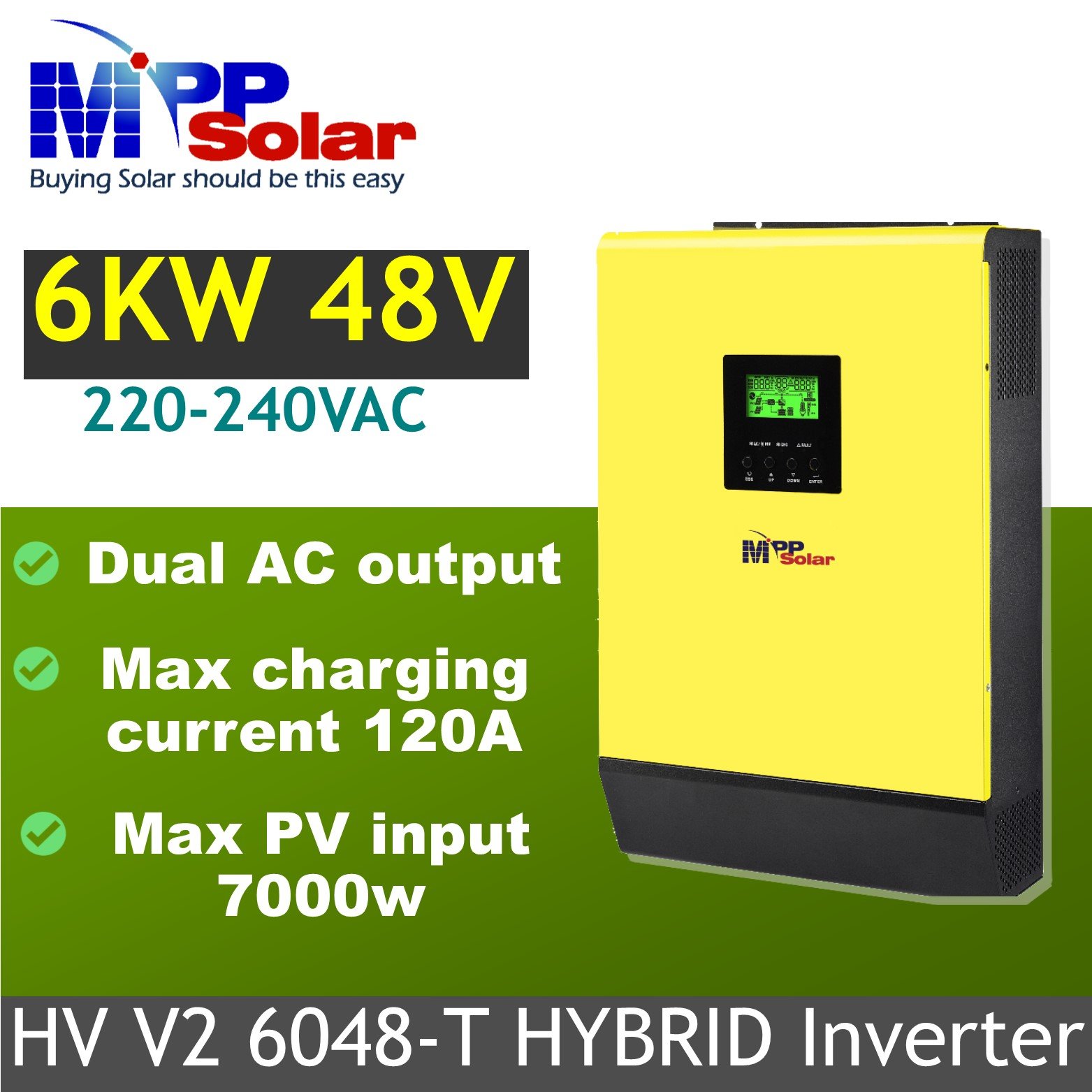 HV V2 6048-T 6000w 48v 230v hybrid MPP Solar inverter mppt charger high PV 500v grid tied Dual AC output Max Charging 120a
