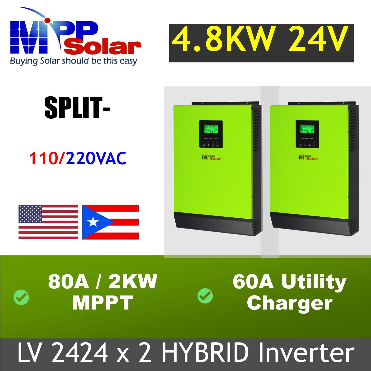 Hybrid LV2424 *2 4800w 120v 240v split phase MPP Solar inverter pure sine wave 160A MPPT solar charger 120A AC charger