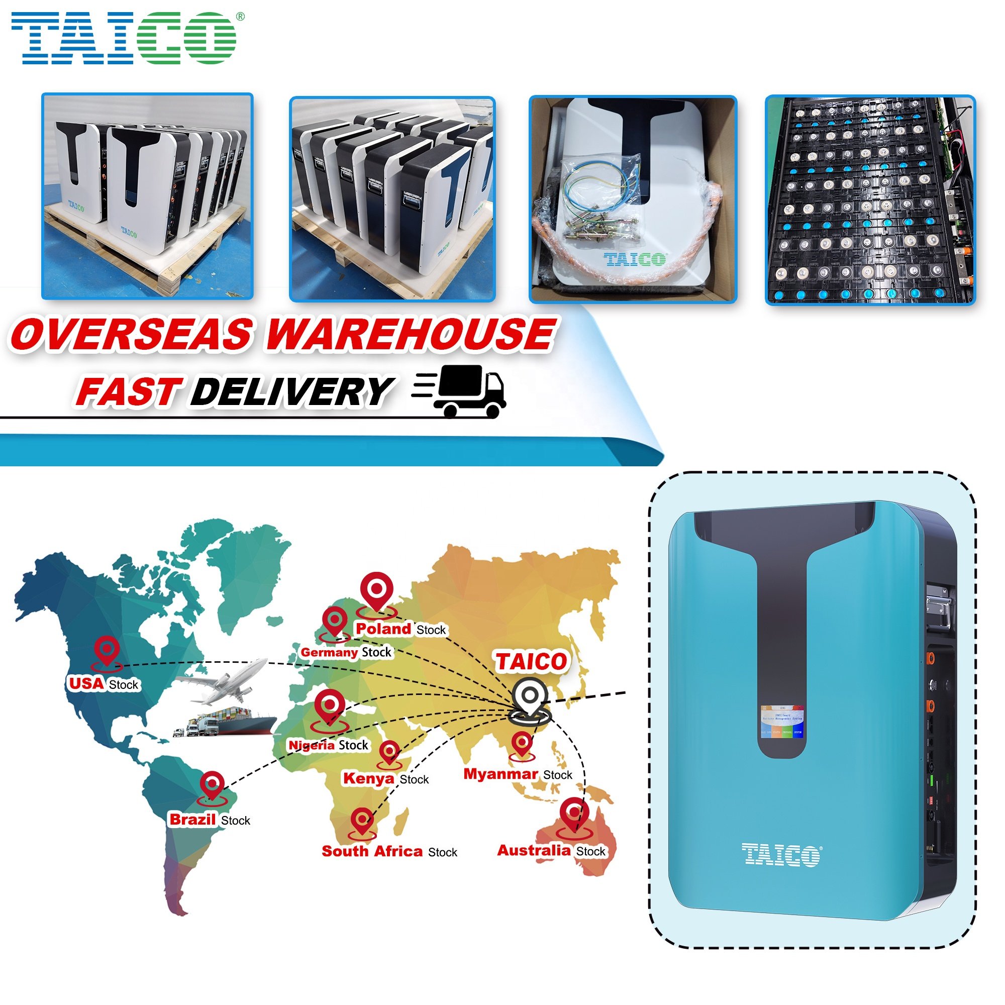 5kwh 10kwh TAICO lifepo4 Wall-Mounted Battery 51.2V 200Ah 100ah for Solar System Home Energy Storage 10kw battery pack